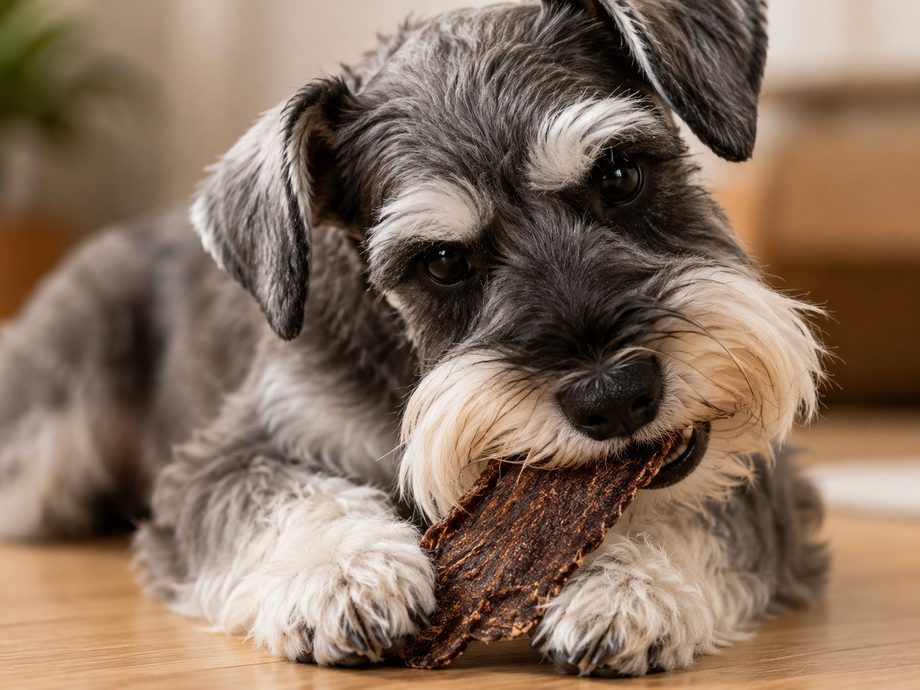 馬肉ジャーキーを美味しそうに食べる愛犬